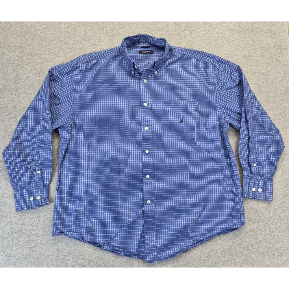 Nautica Men's XL Blue White Gingham Plaid Button Down Shirt Long Sleeve